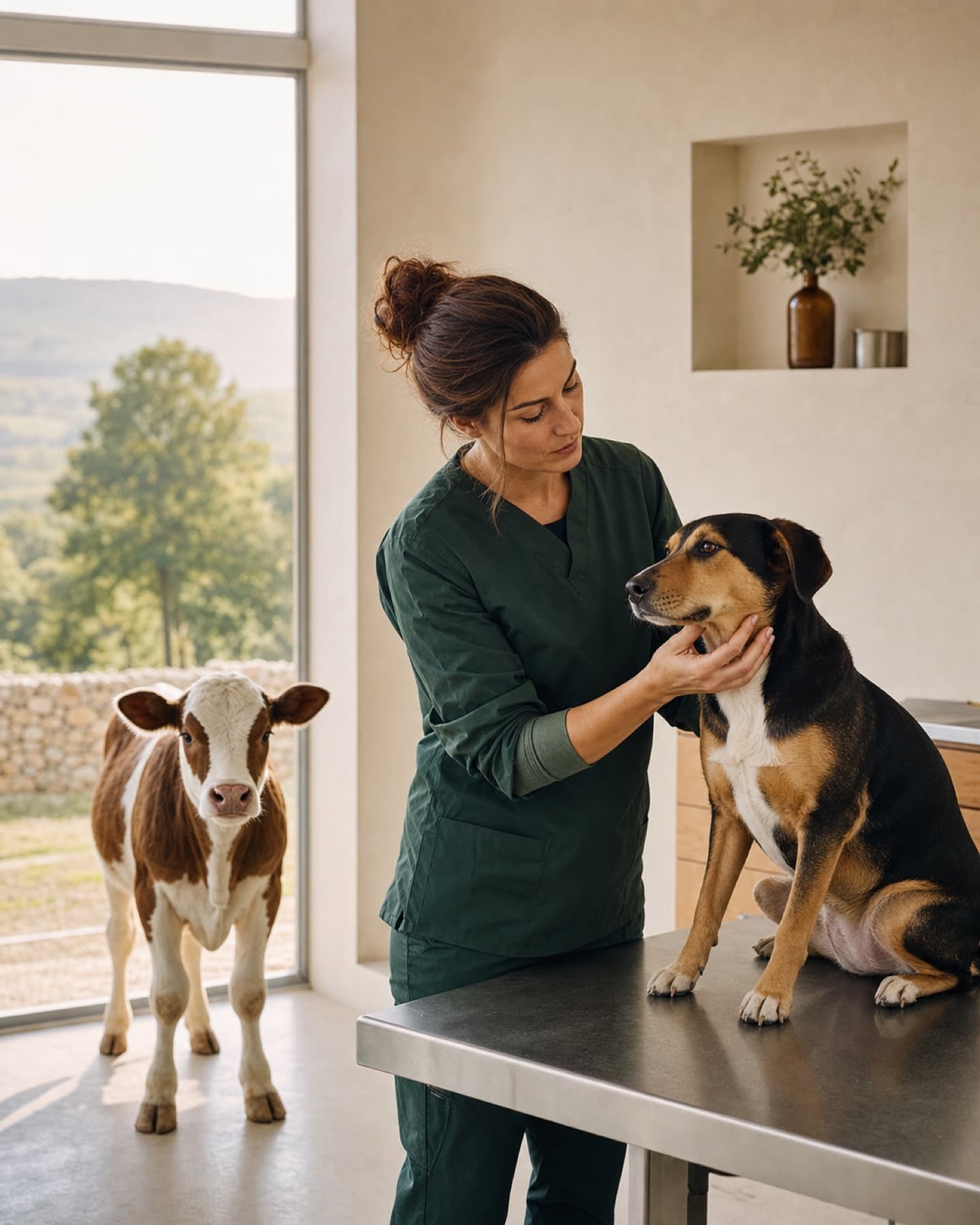 Veterinarka pregledava psa u suvremenoj ambulanti dok se u pozadini vidi tele
